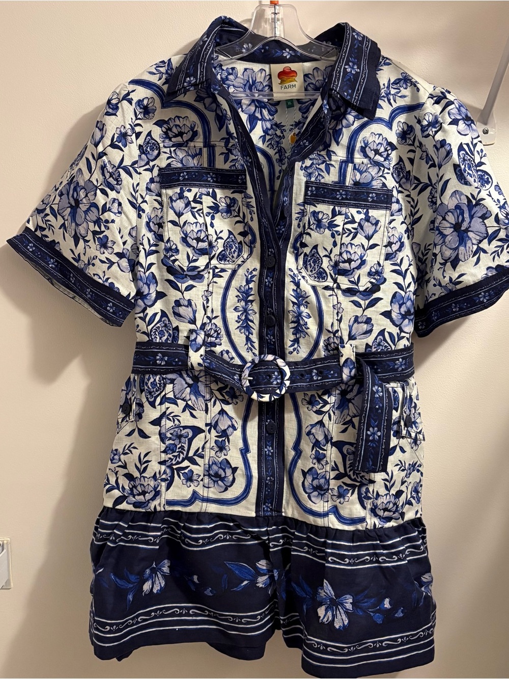 Farm Rio Porcelain Garden Blue White Floral Linen Belted Mini Dress XL NWT